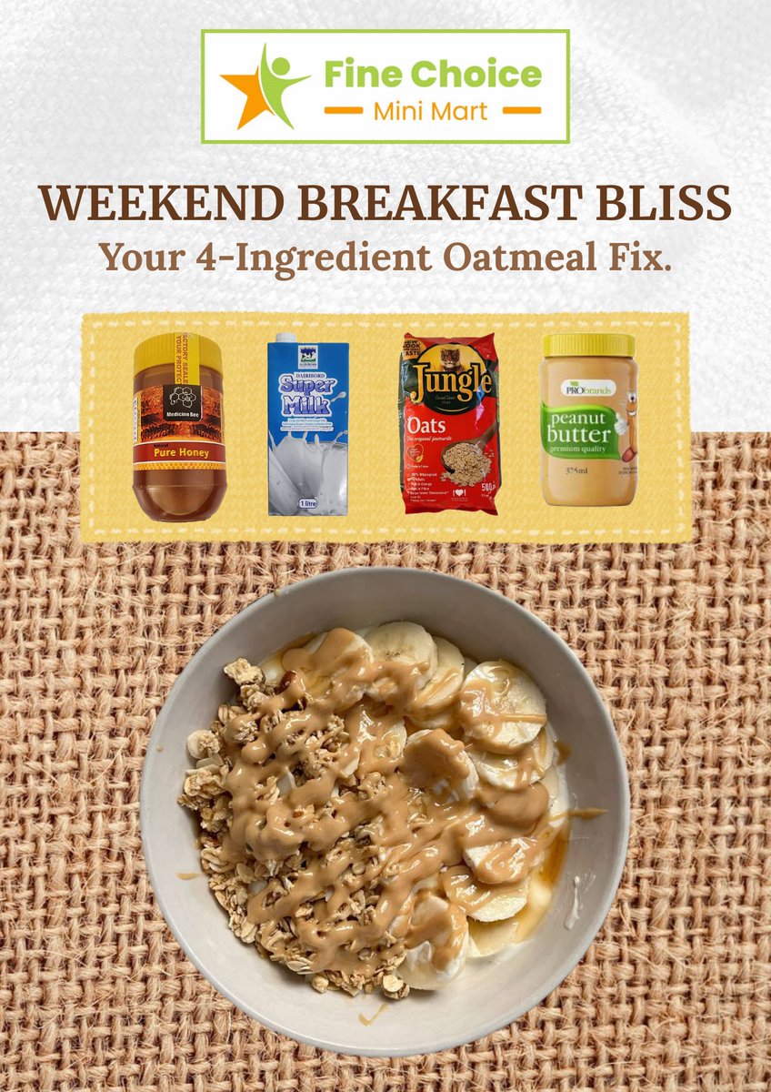 FineChoiceMarts's tweet photo. Weekend mood = sleeping in!
Our 4-Ingredient Oatmeal Fix is the perfect, quick breakfast for a lazy Saturday.
Grab your ingredients from Fine Choice and make this weekend extra easy &amp; blissful. 
Shop online (https://t.co/YocyFeschG)  or in-store!
#Weekend #EasyRecipes #Harare https://t.co/EVLCXgoq5m