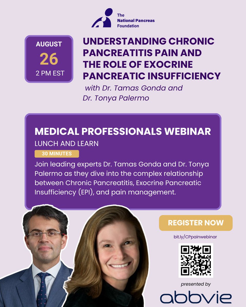 NatPancFdn's tweet image. 📢 Don’t miss our latest Lunch and Learn webinar!
🖥 Perfect for physicians, GI specialists, pain management teams, and healthcare providers looking to elevate their treatments. Register today!
#ChronicPancreatitis #EPI #AbbViePartner