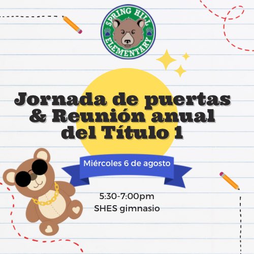 #BearNation families, put this date on your calendar now! 📆 Our Open House and Title 1 Annual Meeting will be on Wednesday, August 6. You will enter through the Community entrance, and we will begin in the gym. We can’t wait to see you! 💚🐻💙

#DreamBelieveThinkAchieveBIG