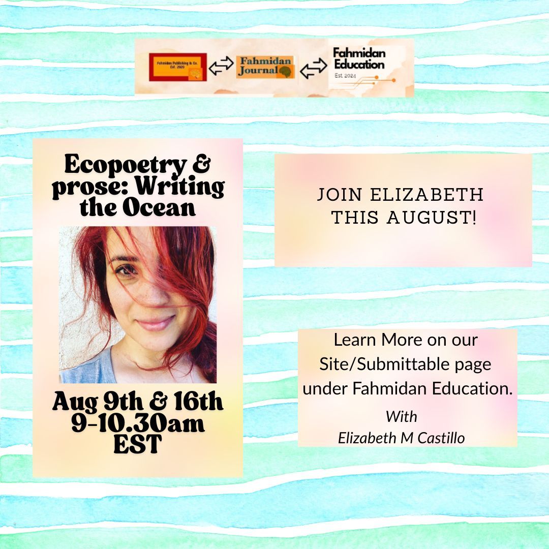 fahmidanjournal's tweet image. Join @EMCWritesThings this August for a dual workshop that explores the depths of the mighty ocean.
Sign up on our Submittable page under 'Fahmidan Education'.
Sign up: fahmidanjournal.submittable.com/submit/308885/…