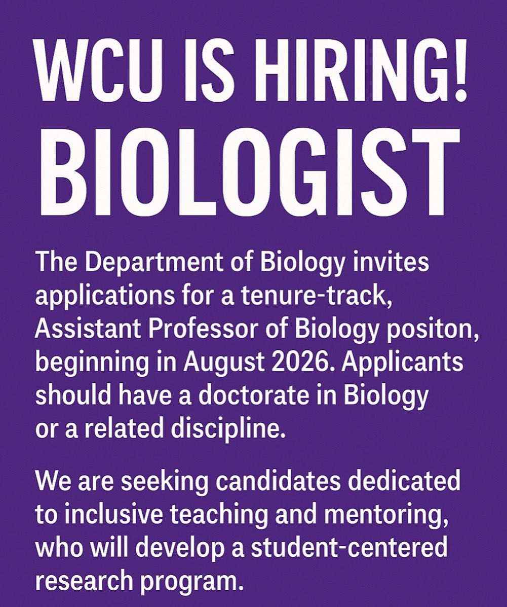 Manu__Ramalho's tweet image. Come to join us! 🎉🫶 The Department of Biology invites applicants for a tenure-track, Assistant Professor of Biology position!
Learn more about the Department of Biology here: wcupa.edu/sciences-mathe…, and apply online at schooljobs.com/careers/wcupa/…