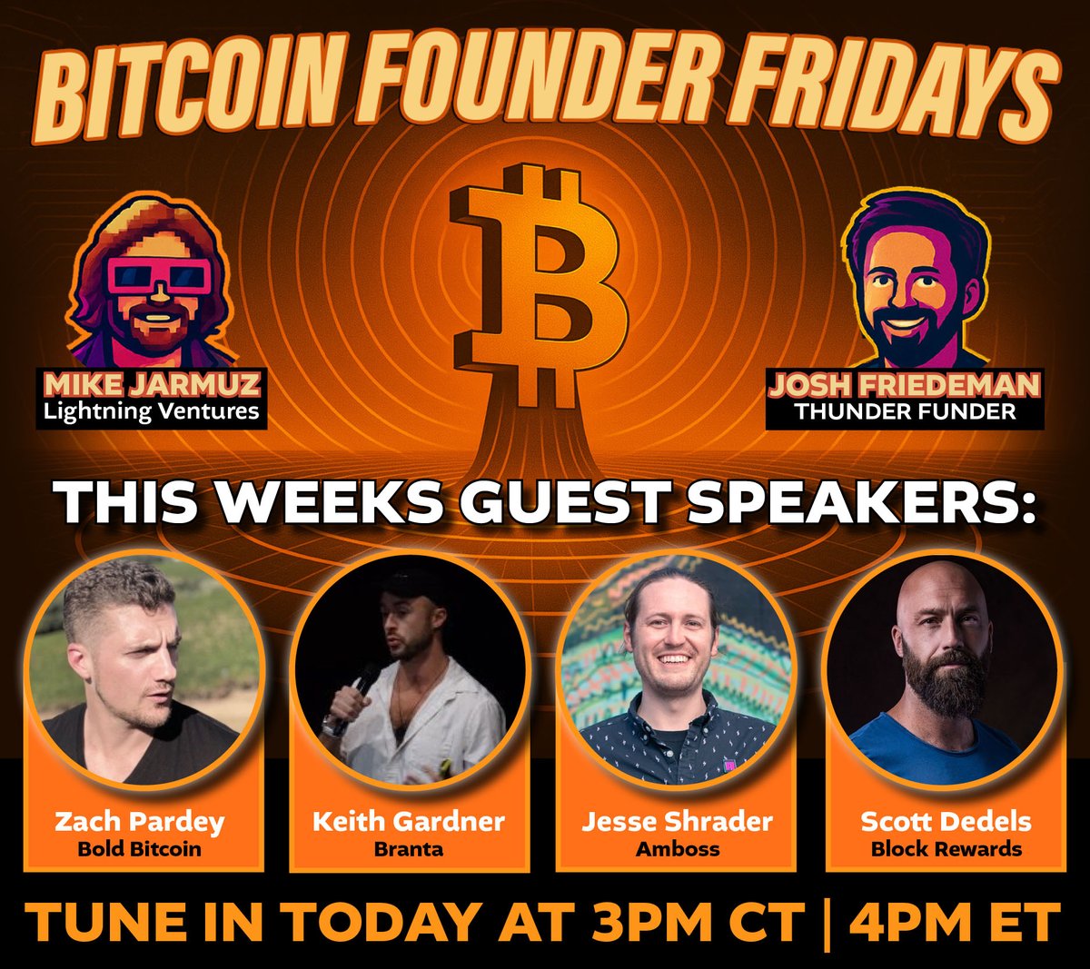 Lightning Ventures (@ltngventures) on Twitter photo GET READY for another Bitcoin Founder Friday! 🎙️
This week we’ve got 4 talented builders pushing #Bitcoin forward:
• <a href="/ZacharyPardey/">Zack Pardey</a> - <a href="/BoldBitcoin/">Bold | Bitcoin Card 10% BTC Back</a>
• <a href="/Jestopher_BTC/">Jesse Shrader 🌋⚡</a> - <a href="/ambosstech/">AMBOSS ⚡</a>
• <a href="/LanternBitcoin/">Scott Dedels</a> - <a href="/Block_Rewards/">Block Rewards</a>
• <a href="/unfakekeith/">Keith</a> - <a href="/BrantaOps/">Branta</a>
🧵 1/5 GET READY for another Bitcoin Founder Friday! 🎙️
This week we’ve got 4 talented builders pushing #Bitcoin forward:
• <a href="/ZacharyPardey/">Zack Pardey</a> - <a href="/BoldBitcoin/">Bold | Bitcoin Card 10% BTC Back</a>
• <a href="/Jestopher_BTC/">Jesse Shrader 🌋⚡</a> - <a href="/ambosstech/">AMBOSS ⚡</a>
• <a href="/LanternBitcoin/">Scott Dedels</a> - <a href="/Block_Rewards/">Block Rewards</a>
• <a href="/unfakekeith/">Keith</a> - <a href="/BrantaOps/">Branta</a>
🧵 1/5