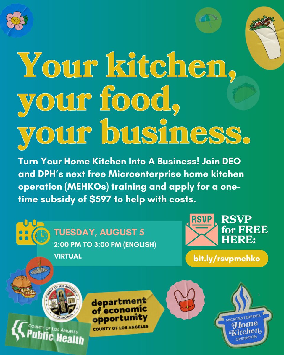 EconOppLA's tweet image. Join DEO and @lapublichealth for a no-cost training to learn how to legally run your home as a mini restaurant, offering takeout, delivery, or even dine-in experiences! Also find out how to apply for a limited-time $597 permit subsidy.
RSVP: bit.ly/rsvpmehko