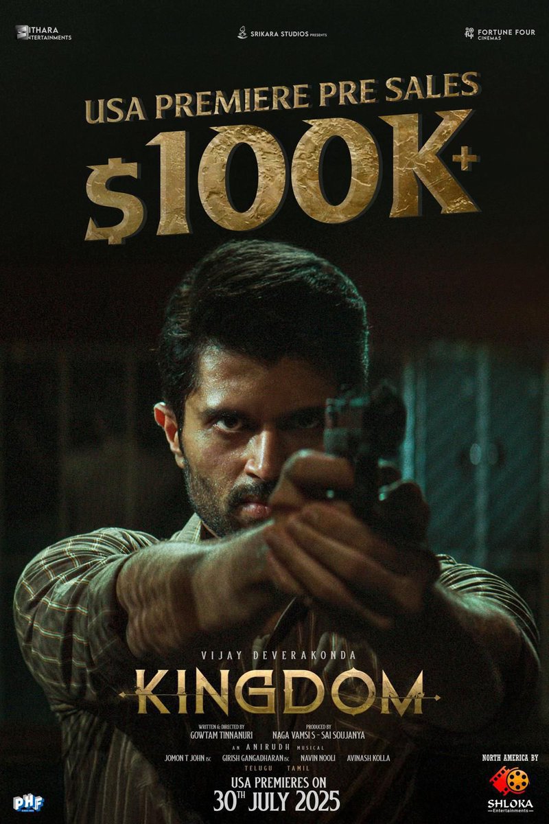 #Kingdom begins its rampage with perfect timing 🎯

$100K+ USA premiere pre sales already clocked in and going super strong 🔥

North America Release by <a href="/ShlokaEnts/">Shloka Entertainments</a> 

<a href="/TheDeverakonda/">Vijay Deverakonda</a> <a href="/anirudhofficial/">Anirudh Ravichander</a> <a href="/gowtam19/">Gowtam Tinnanuri</a> <a href="/ActorSatyaDev/">Satya Dev</a> #BhagyashriBorse <a href="/dopjomon/">Jomon T John</a> #GirishGangadharan <a href="/vamsi84/">Naga Vamsi</a>