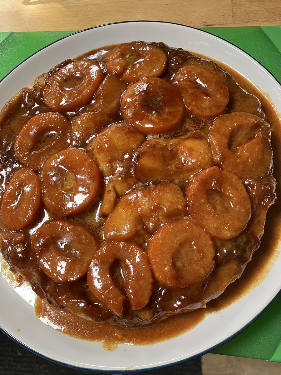 KitchandBot's tweet image. My very first Tarte Tatin. I had to use a Nectarine as not enough Apricots. Should have used a smaller pan. Quite pleased though.