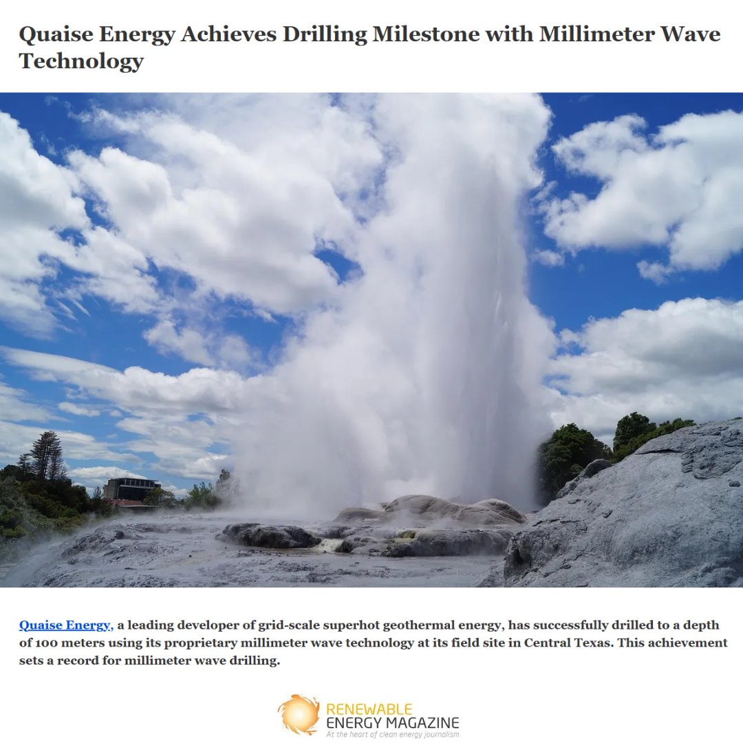 Revolutionary breakthrough in #geothermal energy! Quaise Energy has successfully demonstrated its millimeter wave drilling system in the field, ablating hard rock like granite without any downhole hardware!  

bit.ly/44NbcYr

#geothermal is #alwayson