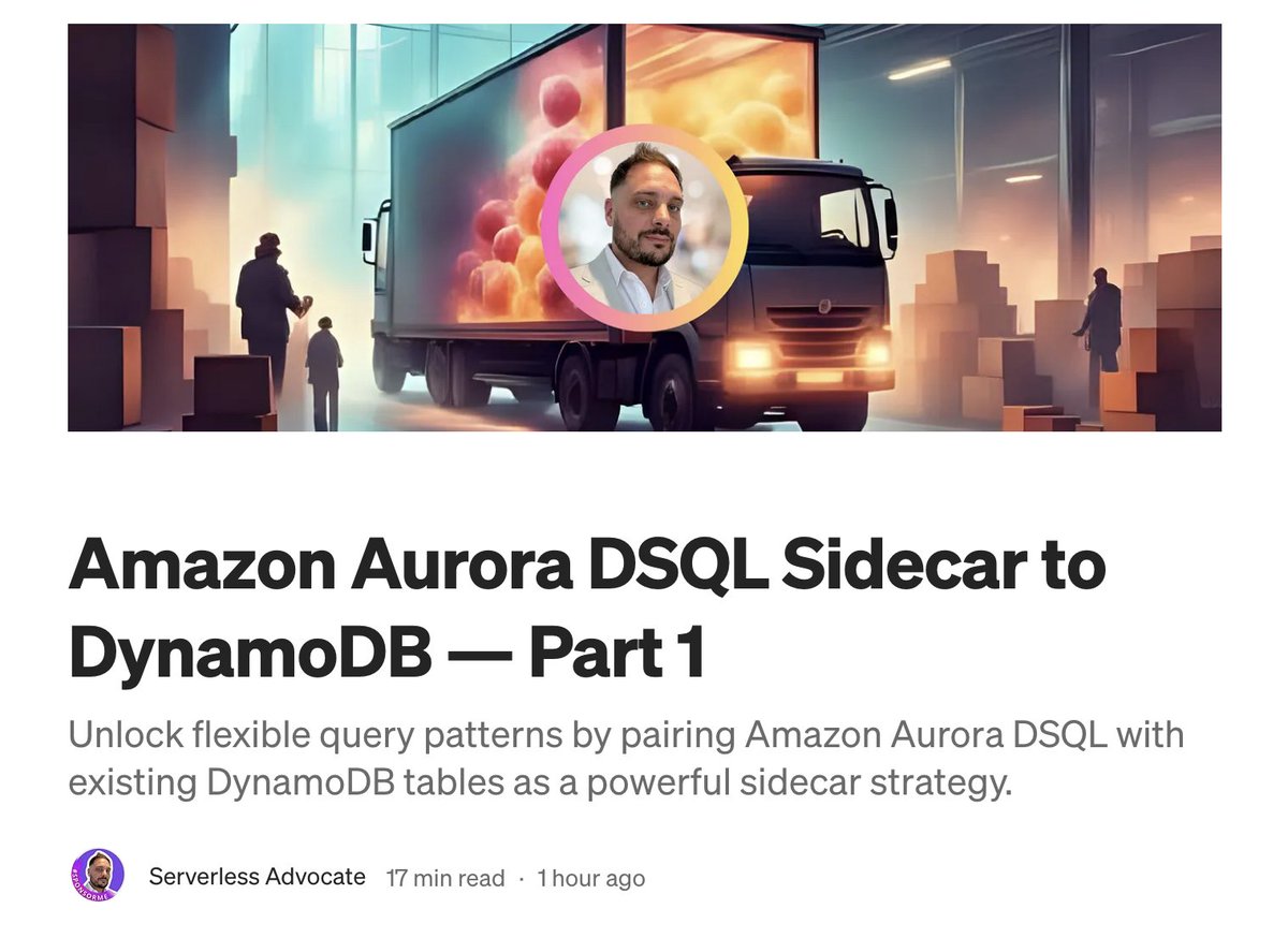 Serverless Advocate 🥑 (@leejamesgilmore) on Twitter photo Amazon Aurora DSQL Sidecar to DynamoDB — Part 1
"Unlock flexible query patterns by pairing Amazon Aurora DSQL with existing DynamoDB tables as a powerful sidecar strategy."
blog.serverlessadvocate.com/amazon-dsql-si…
#AWS #Serverless Amazon Aurora DSQL Sidecar to DynamoDB — Part 1
"Unlock flexible query patterns by pairing Amazon Aurora DSQL with existing DynamoDB tables as a powerful sidecar strategy."
blog.serverlessadvocate.com/amazon-dsql-si…
#AWS #Serverless