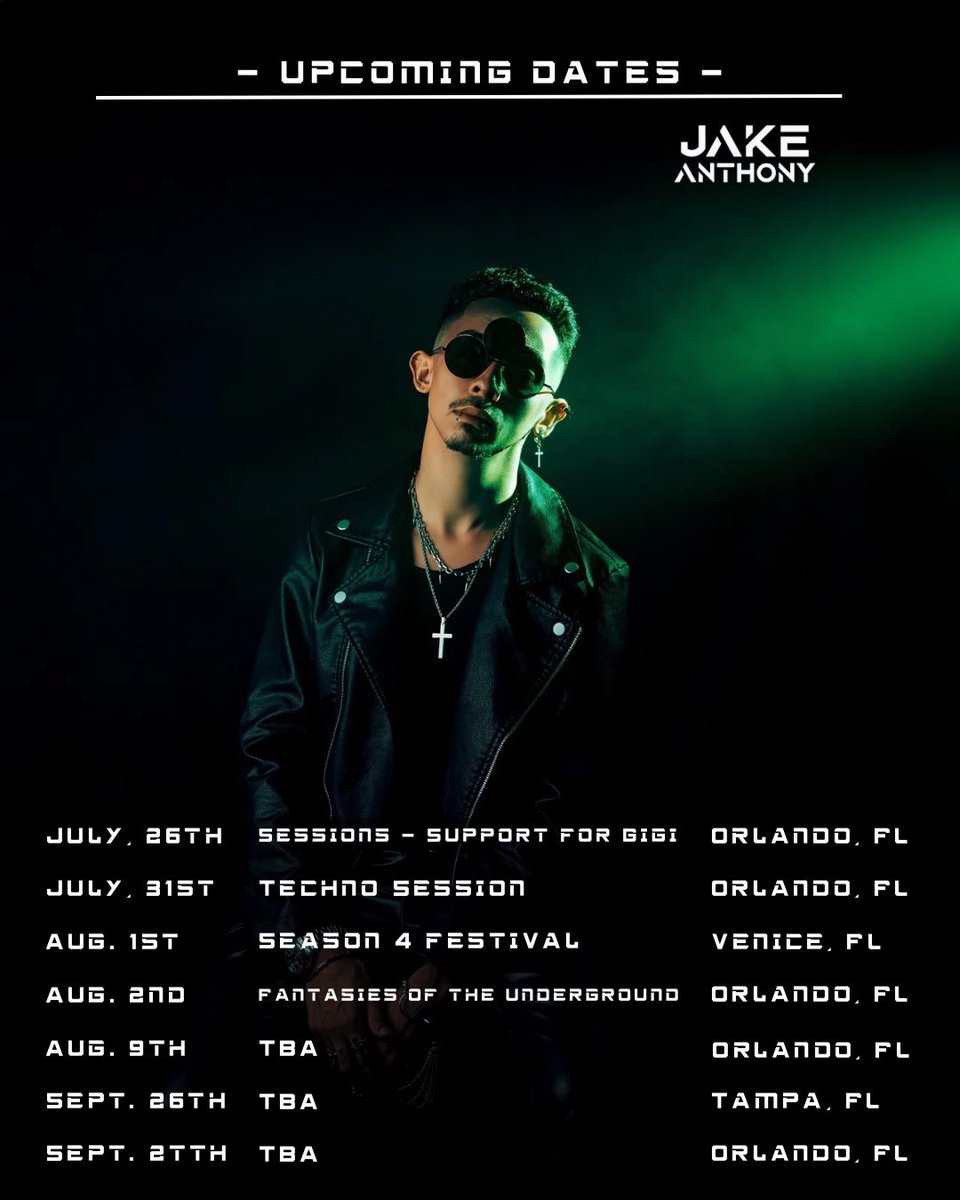 JAnthony_dj's tweet photo. August and September Dates — where will I be seeing you? 

7/26 - Support 4 Gigi - Orlando FL 
7/31 - Sessions - Orlando FL
8/1 - Season 4 Festival - Venice FL
8/2 - Fantasies of the Underground - Orlando FL
8/9 - TBA - Orlando FL
9/26 - TBA - Tampa FL
9/27 - TBA - Orlando FL https://t.co/LoY6zJZ29h