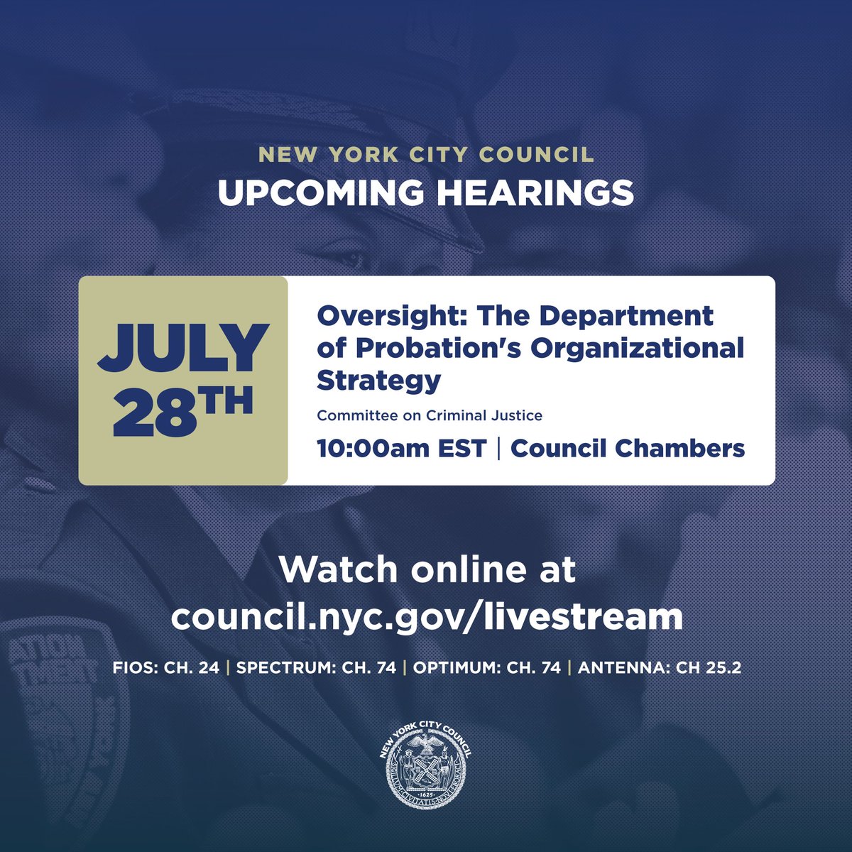 Happening Monday at 10AM:

The Committee on Criminal Justice will hold an oversight hearing on @NYCProbation’s organizational strategy and review proposed resolutions.

📺 Watch live: council.nyc.gov/livestream