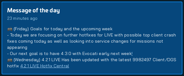starcitizenbot's tweet image. 🚨 New MOTD Detected:
- Our next goal is to have 4.3.0 with Evocati early next week!