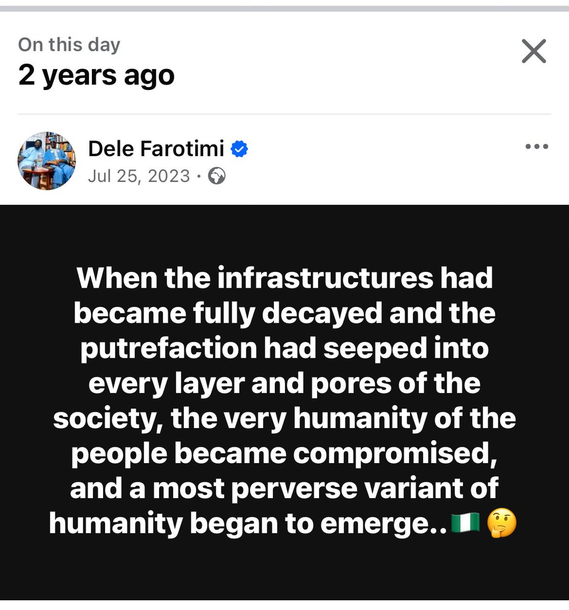 DeleFarotimi's tweet image. When the infrastructure had became fully decayed and the putrefaction had seeped into every layer and pores of the society, the very humanity of the people became compromised, and a most perverse variant of humanity began to emerge..🇳🇬🤔