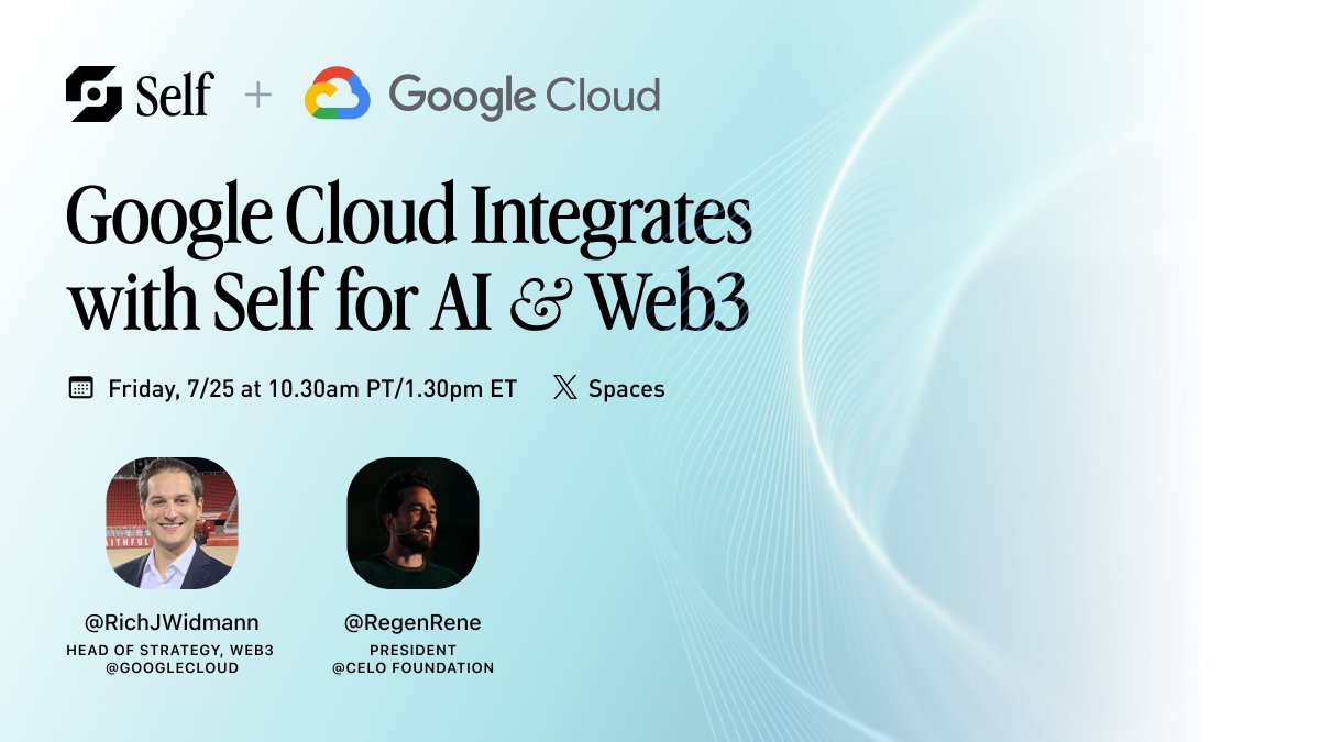 SelfProtocol's tweet image. ⏰ T-1 hour until @RegenRene &amp;amp; @richjwidmann's live conversation unpacking Self's partnership w/ @GoogleCloud ⏰ 

Don't miss their discussion on how Google Cloud will integrate Self's ZK-powered identity &amp;amp; proof-of-humanity solutions to accelerate Web3 &amp;amp; AI innovation ↓