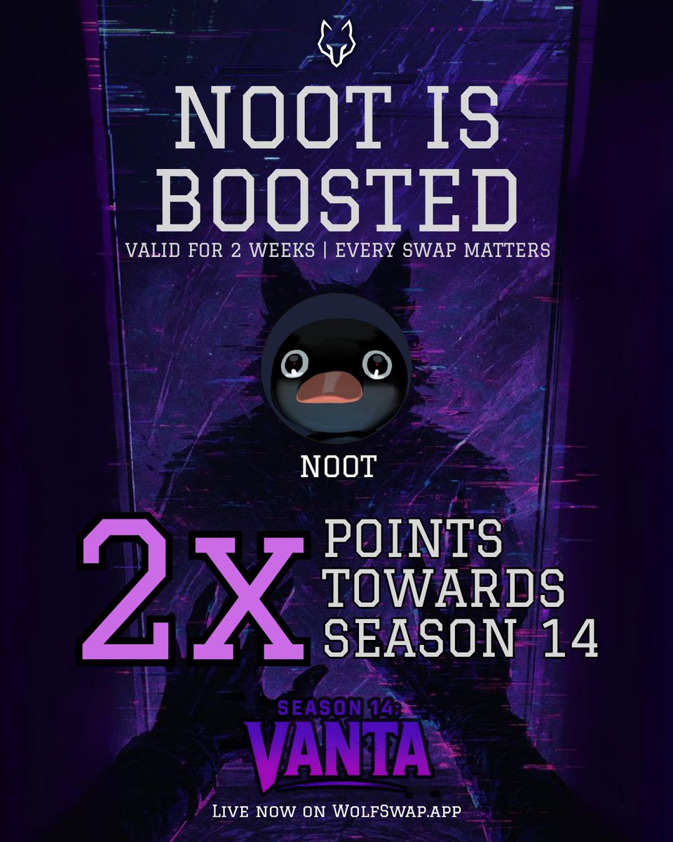 VANTA has found its next victim on Abstract ... 👾

DOUBLE BOOST OF POINTS ACTIVATED FOR $NOOT
Every swap of $NOOT now gives 2x more points towards Season 14🔥

With VANTA taking on <a href="/nootonabstract/">NOOT</a>, who do you think will be next on Abstract to be boosted? 🐺