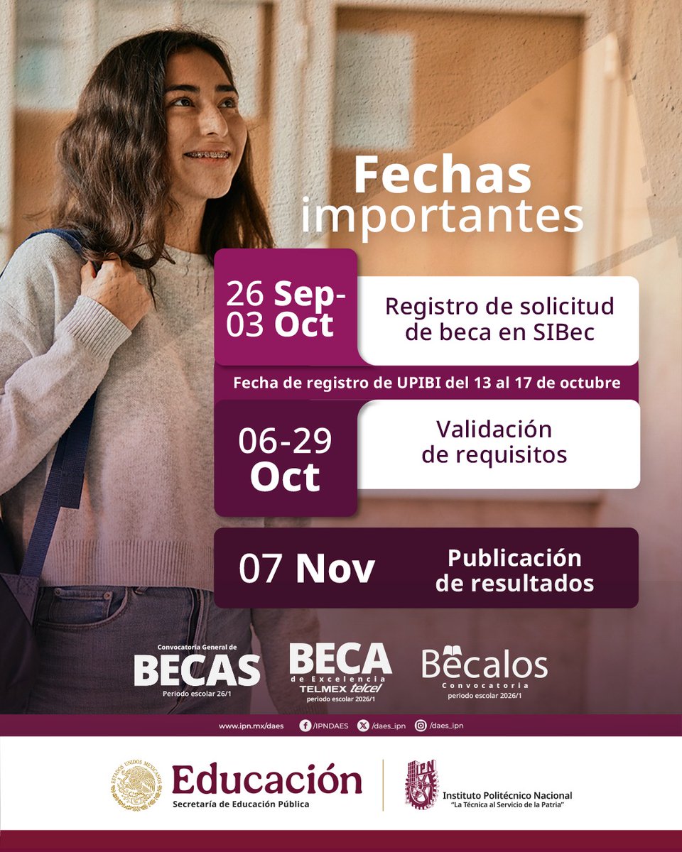 ¡Que no se te pase! Te compartimos estas fechas importantes para tomar en cuenta si vas a postularte para una beca. Consulta la convocatoria completa. 🎓📚➡️  acortar.link/eAaKZi 

<a href="/daes_ipn/">Dirección de Apoyos a Estudiantes IPN</a>