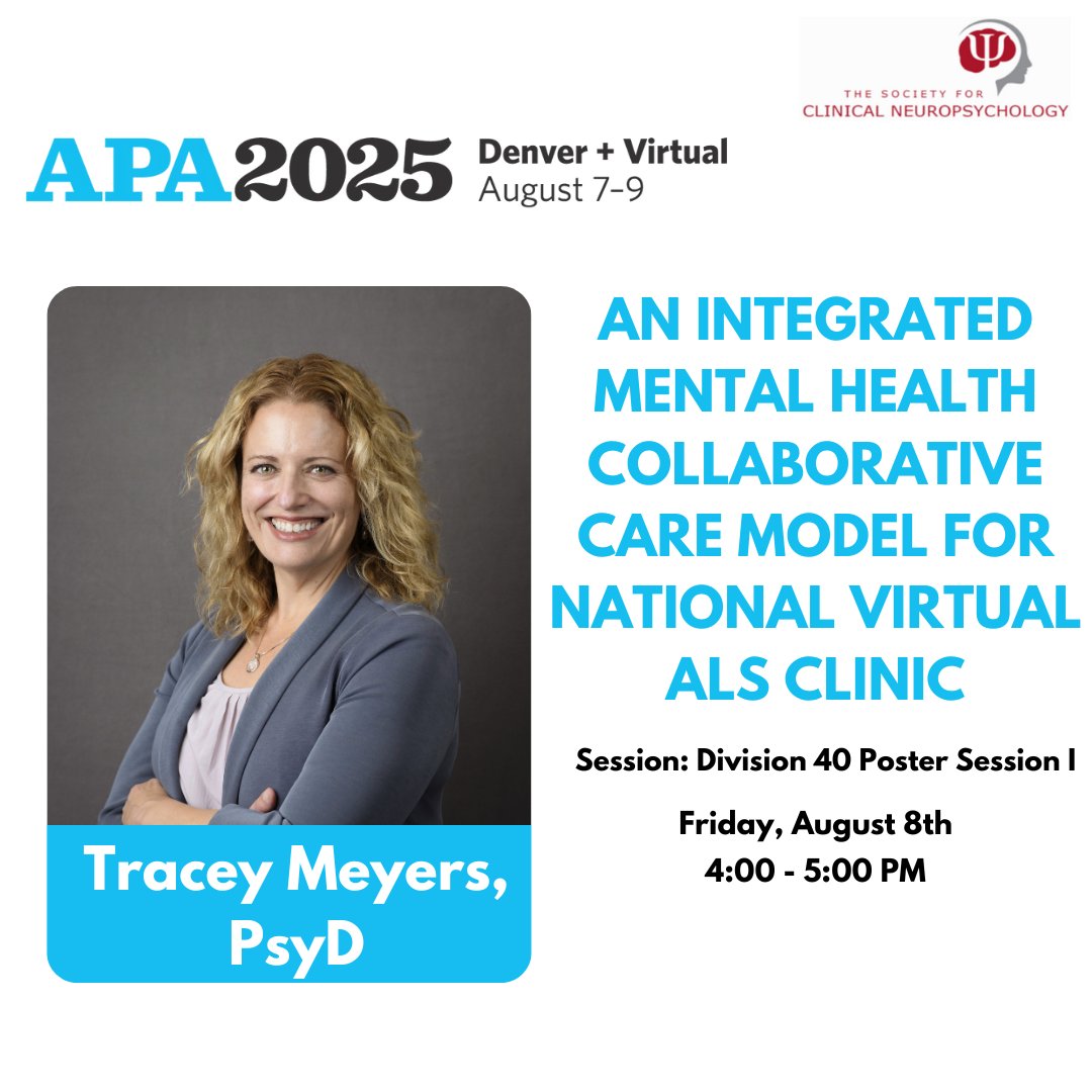 APADivision40's tweet image. Learn about implementation of collaborative care in the treatment of ALS neuropsychiatric symptoms with Dr. Meyers during the Div. 40 Poster Session Friday, August 8th!