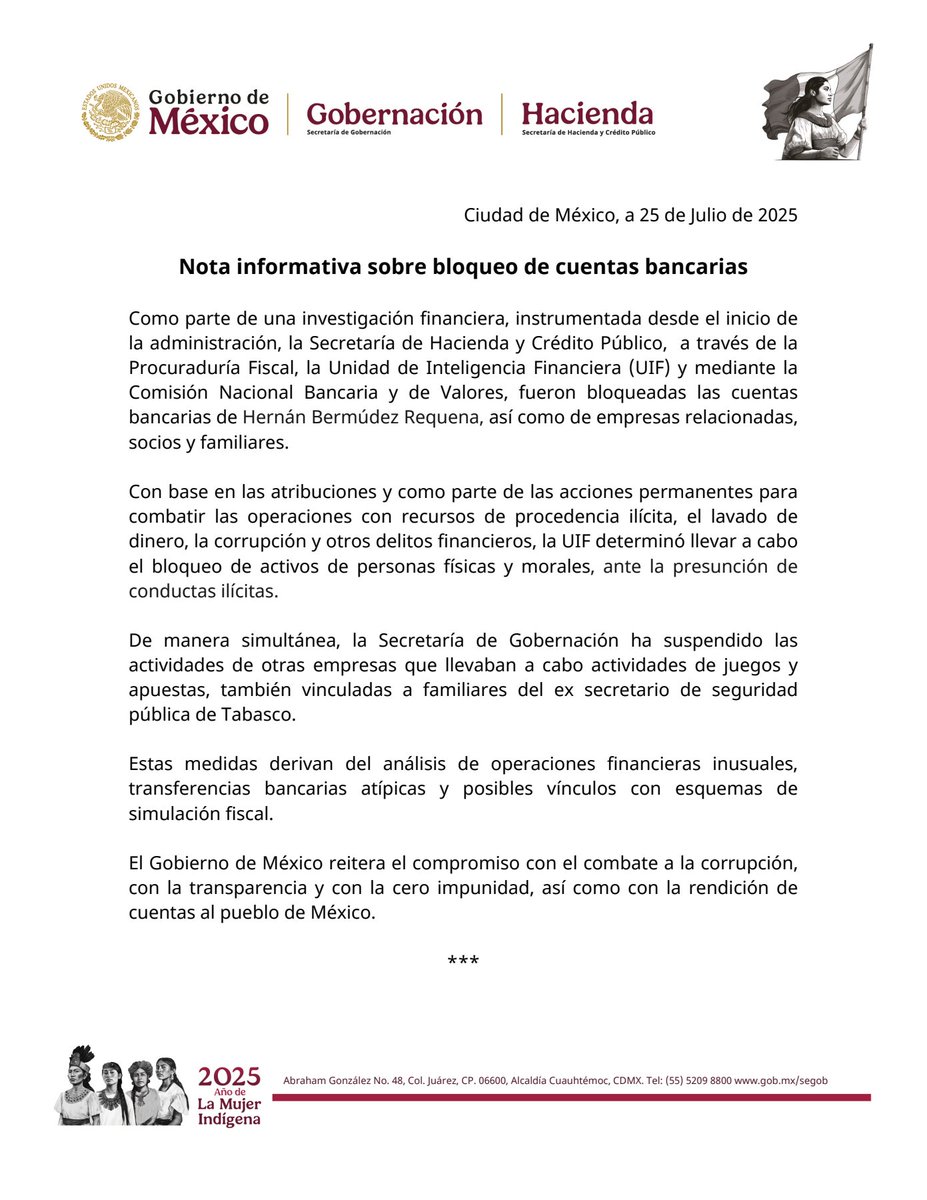 Nota informativa sobre bloqueo de cuentas bancarias.

gob.mx/shcp/prensa/29…