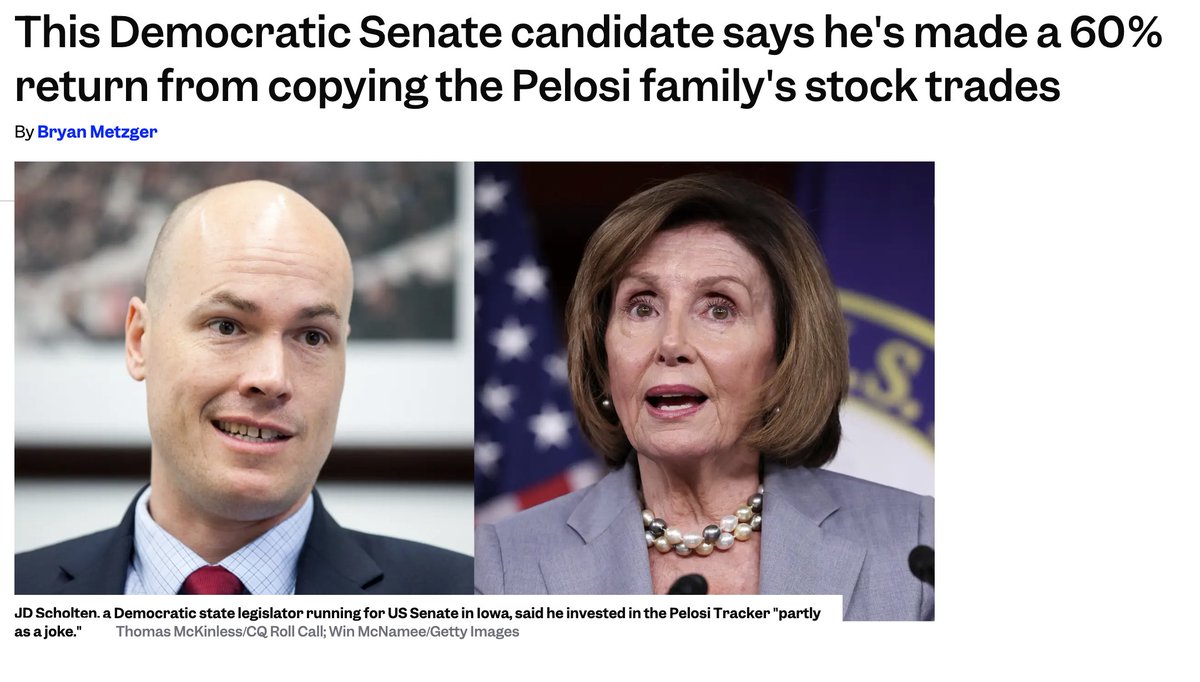 Well this is ironic

Politicians are now copy trading Nancy Pelosi too

Turns out JD Scholten, an Iowa Democratic Senate Candidate, invested $1,000 into the Pelosi Tracker on Autopilot

And per his filings, it's worked out. He's made 60% already by Autopiloting Pelosi's moves

He