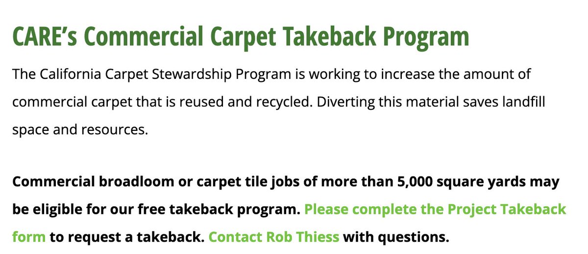 Working on  #construction in California? Commercial broadloom or carpet tile jobs of more than 5,000 square yards may be eligible for our free takeback program:
carpetrecovery.org/california/con…