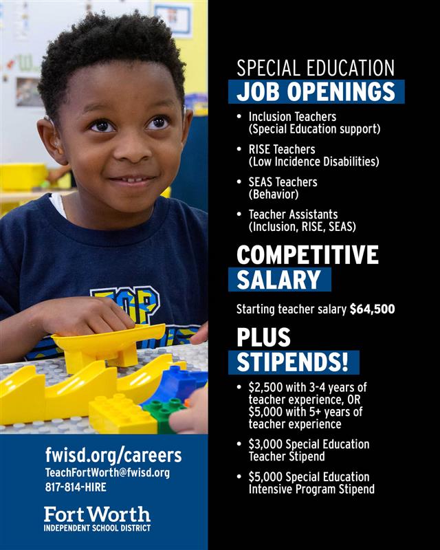 FortWorthISD's tweet image. Fort Worth ISD is seeking passionate Special Education professionals!
Want to becoming an Inclusion, RISE, SEAS teacher or teacher assistant?
We offer a competitive salary plus stipends. Our starting teacher salary is $64,500.
Apply Now: fwisd.org/careers