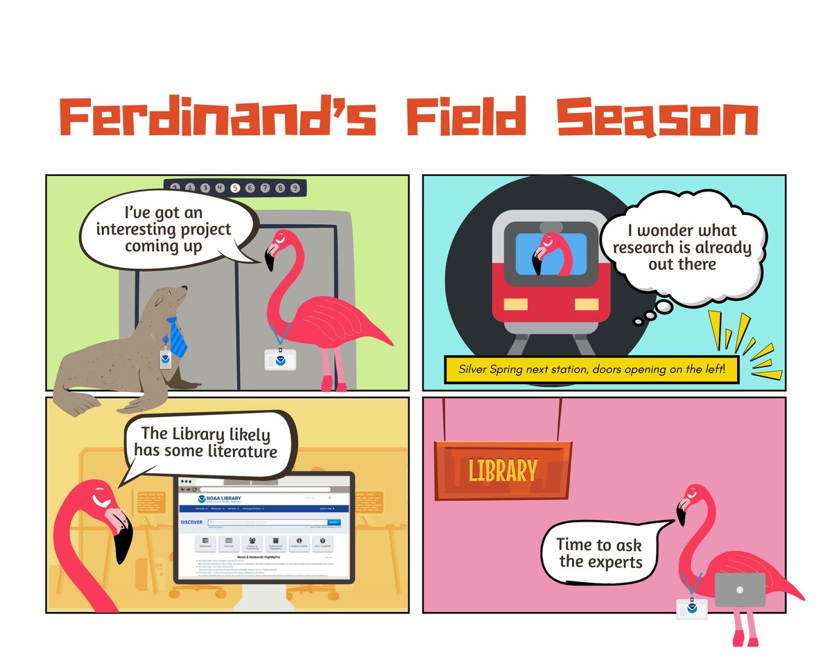 NOAALibrary's tweet image. Welcome to the NOAA Library #SummerLibraryChallenge! This year we turned to #comics to tell the story of our library mascot Ferdinand the Flamingo engaging in the researcher lifecycle - Stay tuned!