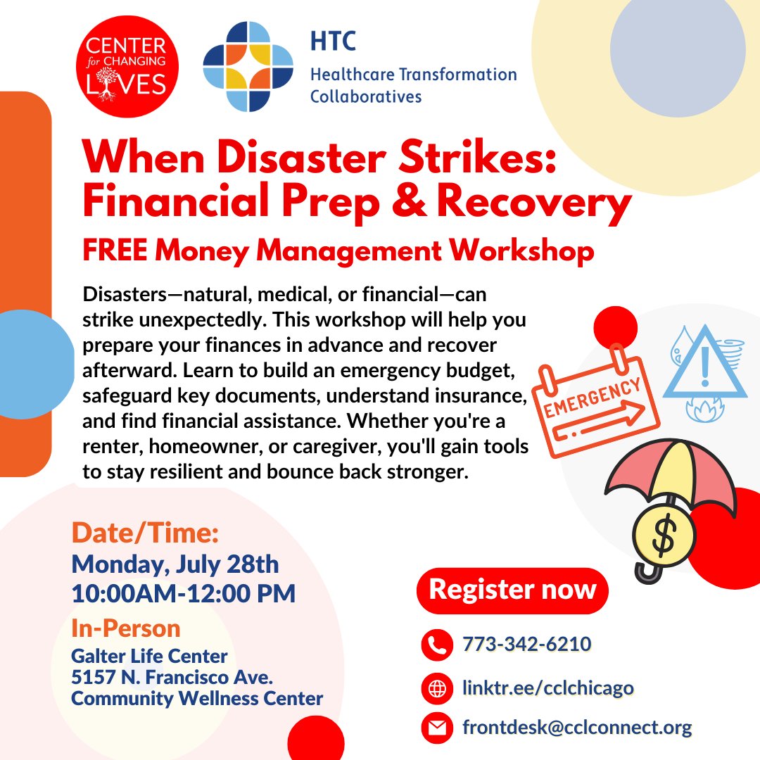 CCLchicago's tweet image. 🛠️ When Disaster Strikes: Financial Prep &amp;amp; Recovery
Learn how to protect your finances before &amp;amp; after a crisis—budgeting, insurance, emergency docs &amp;amp; more.
📅 Mon, July 28 | 🕙 10AM
📍 Galter Life Center, 5157 N Francisco
🔗 Linktr.ee/cclchicago
#FinancialResilience