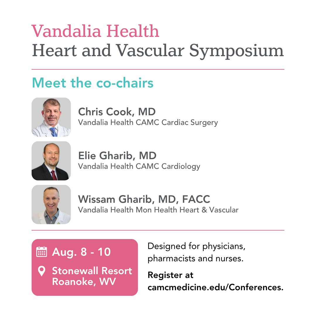 Meet the 2025 Vandalia Health Heart and Vascular Symposium co-chairs — Chris Cook, MD; Elie Gharib, MD; and Wissam Gharib, MD, FACC. The symposium will review current practices, innovations and emerging strategies in heart disease management. Register at bit.ly/46NzsuQ.