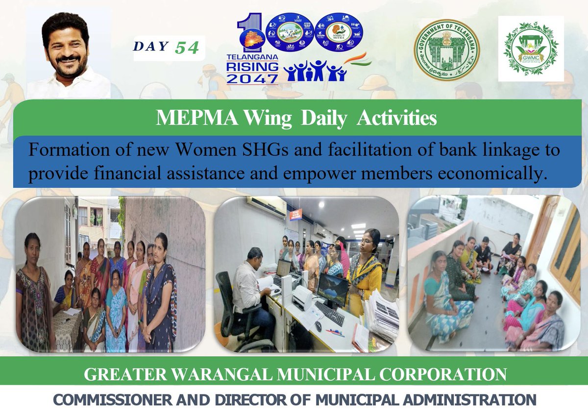 Greater Warangal Municipal Corporation (@mc_gwmc) on Twitter photo Women-led groups taking charge with bank tie-ups, under #100DaysActionPlan, powering their growth journey 💼
<a href="/TelanganaCMO/">Telangana CMO</a> <a href="/TelanganaCS/">Office of Chief Secretary, Telangana Govt.</a>
<a href="/Collector_HNK/">Collector Hanumakonda District</a> <a href="/Collector_WGL/">Collector Warangal</a>
<a href="/revanth_anumula/">Revanth Reddy</a> <a href="/INC_Ponguleti/">Ponguleti Srinivasa Reddy</a> <a href="/SudhaRani_Gundu/">Gundu SudhaRani, GWMC MAYOR</a> <a href="/iamkondasurekha/">Konda Surekha</a>
<a href="/PrlsecyMAUD/">Prl Secy MAUD.</a> <a href="/cdmatelangana/">C&DMA</a>
<a href="/chahat_bajpai/">Chahat Bajpai</a> Women-led groups taking charge with bank tie-ups, under #100DaysActionPlan, powering their growth journey 💼
<a href="/TelanganaCMO/">Telangana CMO</a> <a href="/TelanganaCS/">Office of Chief Secretary, Telangana Govt.</a>
<a href="/Collector_HNK/">Collector Hanumakonda District</a> <a href="/Collector_WGL/">Collector Warangal</a>
<a href="/revanth_anumula/">Revanth Reddy</a> <a href="/INC_Ponguleti/">Ponguleti Srinivasa Reddy</a> <a href="/SudhaRani_Gundu/">Gundu SudhaRani, GWMC MAYOR</a> <a href="/iamkondasurekha/">Konda Surekha</a>
<a href="/PrlsecyMAUD/">Prl Secy MAUD.</a> <a href="/cdmatelangana/">C&DMA</a>
<a href="/chahat_bajpai/">Chahat Bajpai</a>