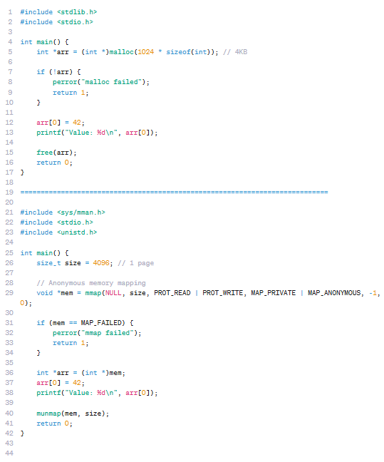 gutsOfDarkness8's tweet image. Traditional vs. Modern Memory Allocation malloc() vs. mmap():
In C, dynamic memory can be allocated using malloc(), a traditional method that uses the heap, ideal for general-purpose and small-sized allocations. It’s simple and widely used, with memory released using free().In…
