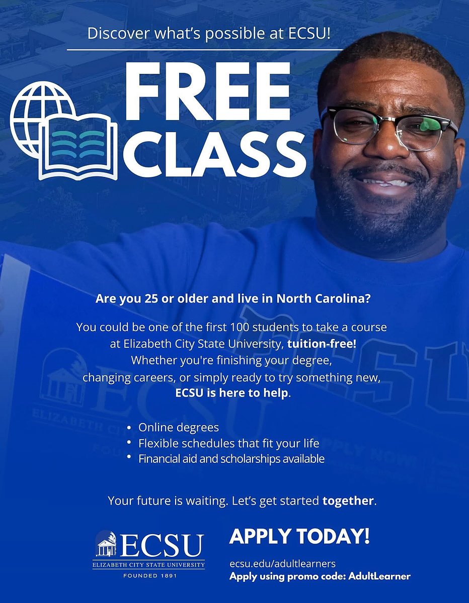 ADOSAFNC's tweet image. Are you or do you know someone looking to complete their Bachelor's Degree?
Consider this opportunity courtesy of @ECSU