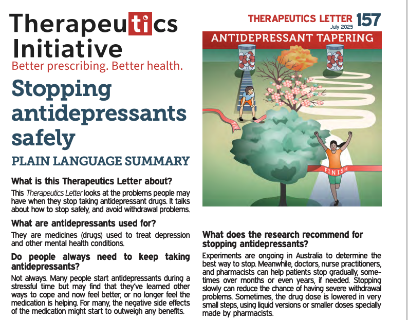 Drug_Evidence's tweet image. ICYMI: TI Therapeutics Letter 157: How to🛑antidepressants
👉ti.ubc.ca/letter157
🐌 Avoid abrupt discontinuation
🖥️ Monitor patients after dose reduction
👩🏽🏫 Patient education + shared decision-making to minimize harms, improve outcomes
#deprescribing #MedEd #antidepressants
