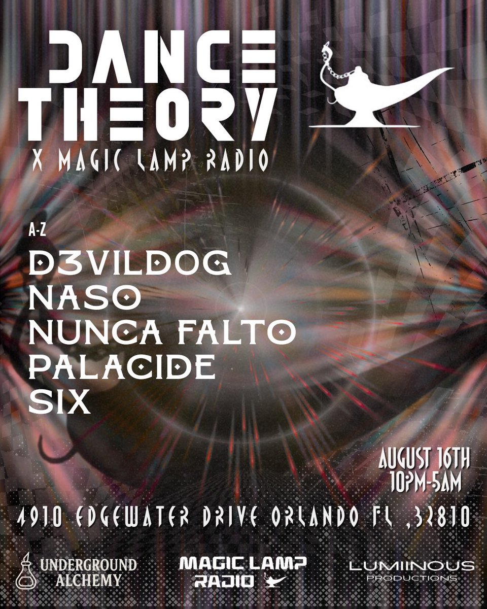 MagicLampRadio's tweet photo. Our next Dance Theory event, takes place on August 16th - A 7 Hour Techno experience, focused around coming together, without boundaries, and becoming one with the dance floor. | Doors open at 10pm | 4910 Edgewater Dr |

https://t.co/XCdGUvwwDf https://t.co/TnFnIhZswS