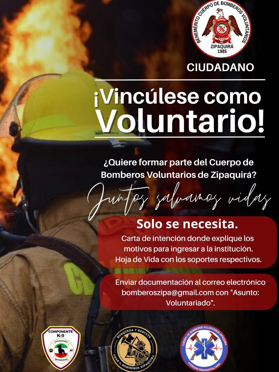 BZipaquira's tweet photo. 🚨Convocatoria abierta para Vincularse como Bombero Voluntario

@BZipaquira ha abierto una convocatoria para quienes deseen integrar su equipo

Esta es una oportunidad para servir con compromiso a la comunidad

Valor, Abnegación y Disciplina definen a quienes asumen este llamado. https://t.co/C3tQXndQ2j