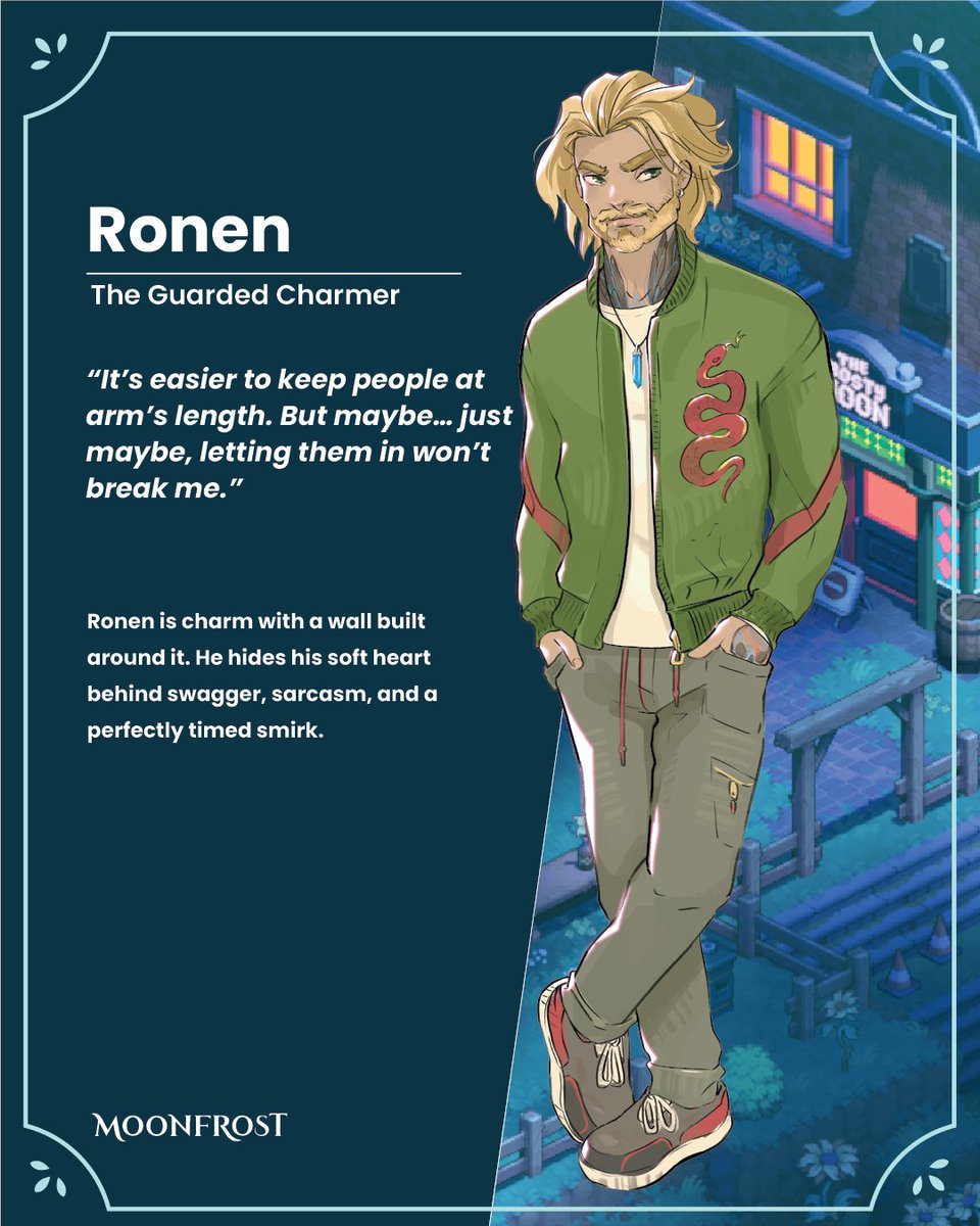 MoonfrostGame's tweet image. Meet Ronen, The Guarded Charmer. ✨
He’s the kind of guy who builds walls.
Behind the swagger and sarcasm is a soft heart.
Think you can get past the charm?