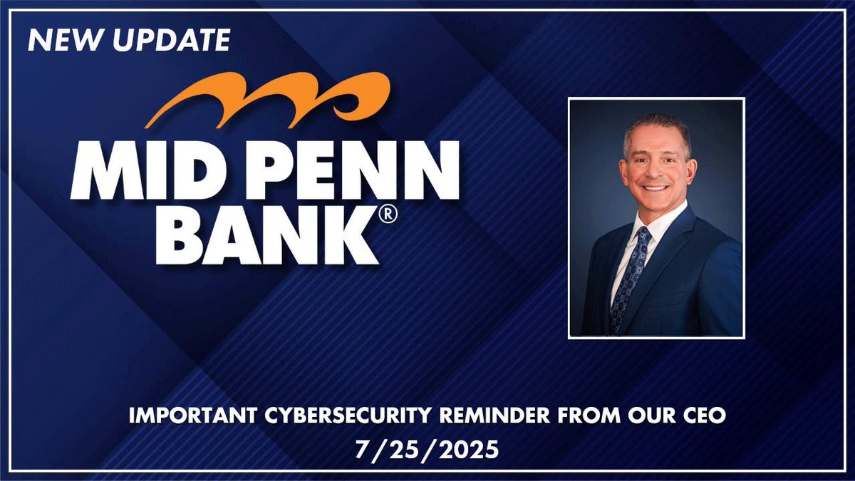 Mid Penn Bank (@mid_penn_bank) on Twitter photo Click the link below to watch an important video from Rory Ritrievi, President and CEO of Mid Penn Bank, on staying vigilant against fraud.
Link - tinyurl.com/55yrejv6
#CyberAwareness #DigitalSafety #InfoSec #StaySafeOnline #CyberResilience #DataProtection <a href="/MPBRory/">Rory Ritrievi</a> Click the link below to watch an important video from Rory Ritrievi, President and CEO of Mid Penn Bank, on staying vigilant against fraud.
Link - tinyurl.com/55yrejv6
#CyberAwareness #DigitalSafety #InfoSec #StaySafeOnline #CyberResilience #DataProtection <a href="/MPBRory/">Rory Ritrievi</a>