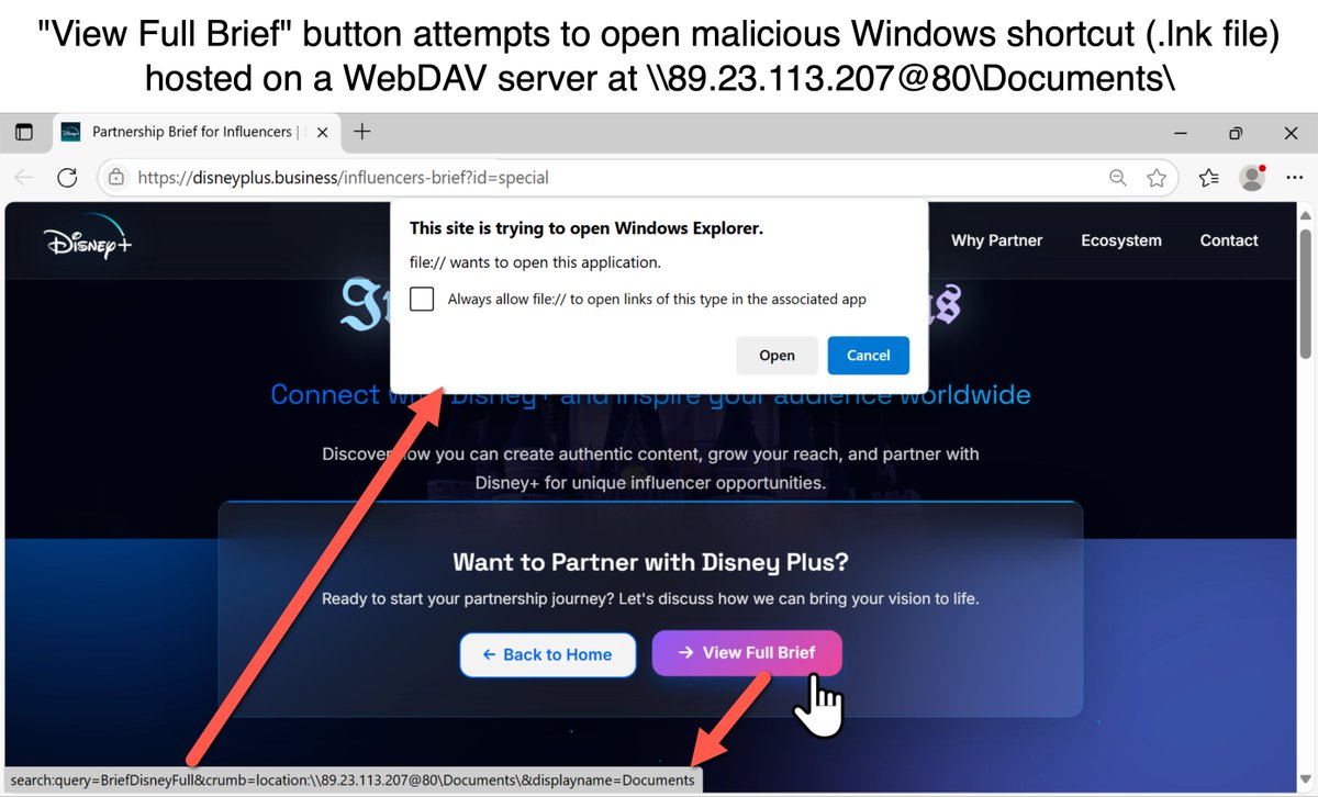 Unit42_Intel's tweet image. A website impersonating a popular streaming service uses an "influencer collaboration" theme to trick viewers into running a malicious Windows shortcut for a multi-stage chain, including a WebDAV server, to push #Vidar #infostealer malware. Details at: bit.ly/456t2ET