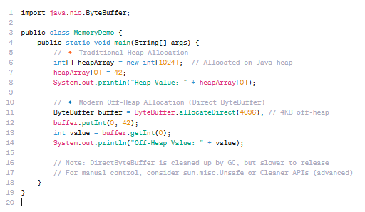 gutsOfDarkness8's tweet image. Java Memory Allocation: Heap vs. Off-Heap (Direct ByteBuffer):
In Java, memory is typically allocated on the heap using new. This is simple and garbage-collected, making it ideal for most applications.
However, for high-performance or low-latency needs, Java offers off-heap…