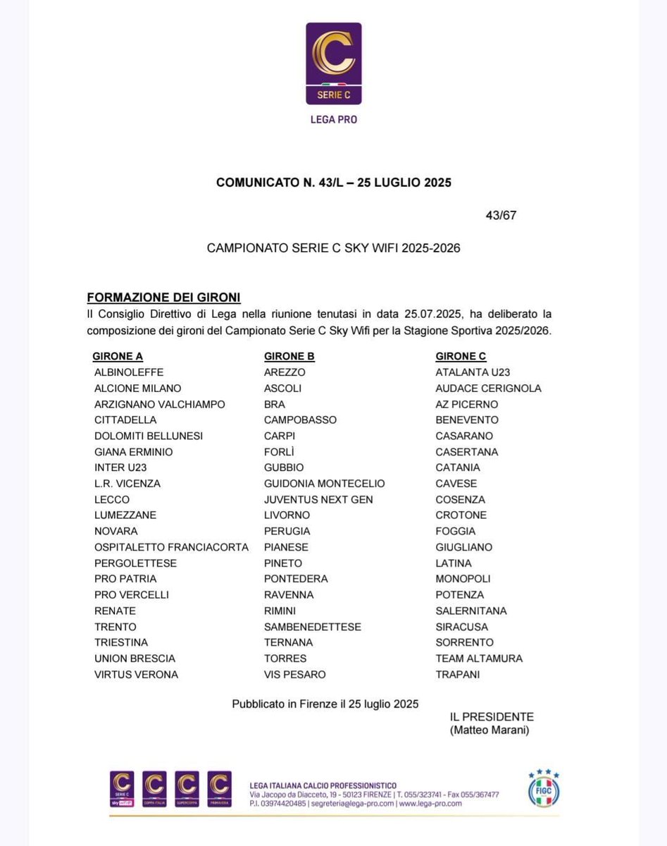 2025-2026 Serie C grupları belli oldu. Girone B'de yarışacağız kardeşimiz Livorno ve meşhur orospu çocuğu Perugia ile aynı gruptayız