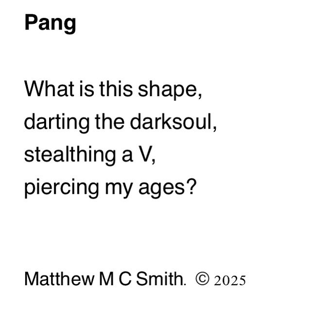 A new poem - ‘Pang’

‘What is this shape
darting the darksoul…’ 

🖤 

#micropoetry #poetrycommunity #writing #writingcommunity #poet #poetry