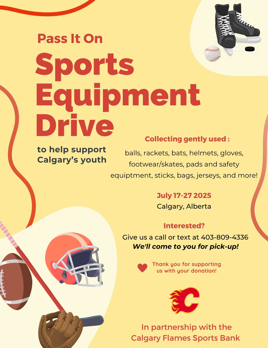 MPowerSkating's tweet photo. 🚨 @PassItOnYYC is back for YEAR 3 !  👏

Jarrett &amp; Tyler Mahan are collecting gently used &amp; new sports gear to help YYC kids get in the game, stay active &amp; build life skills.

🏒 Got gear?
🚗 They’ll pick it up!
📲 403-809-4336
🗓️ Ends July 27

#FlamesSportBank #KidSportCalgary https://t.co/qkea6QvBNE
