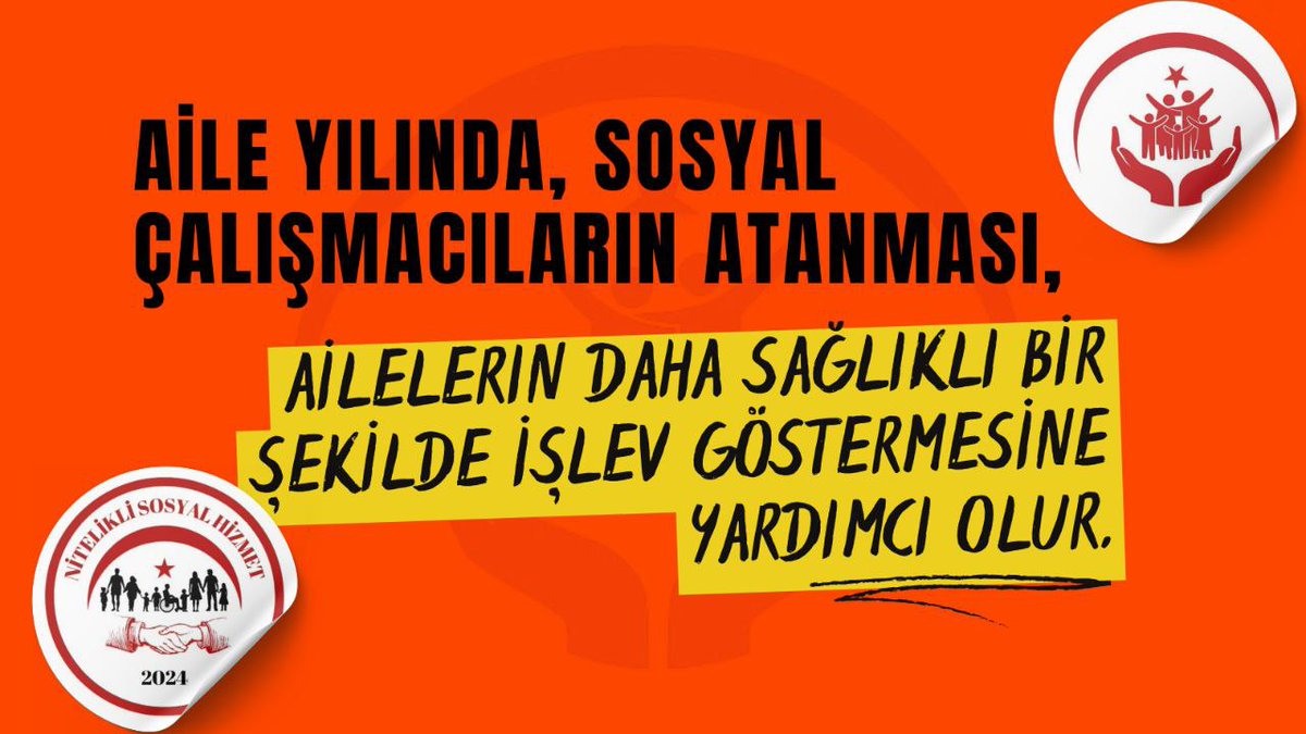 Sayın Bakanım <a href="/MahinurOzdemir/">Mahinur Özdemir Göktaş</a>,
#AileYılındaSosyalÇalışmacıAta

Aileleri yalnız bırakan değil, yanında duran bir devlet istiyoruz. Bu devlet anlayışının en güçlü temsilcisi sosyal hizmet uzmanlarıdır (sosyal çalışmacılar).

Aile Yılı’nda yapılacak sosyal çalışmacı atamaları:
🔹