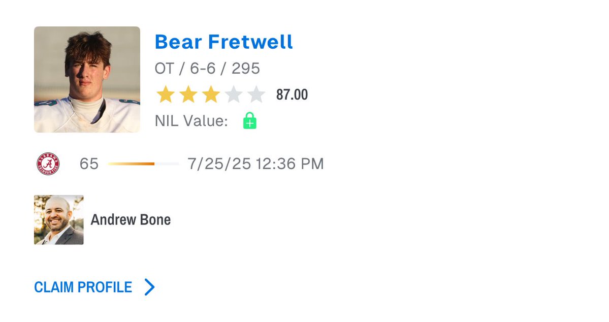 RecruitsBama's tweet image. π£π₯πππππ§ππ’π‘: 2026 3 βοΈ OT Bear Fretwell has been predicted to FLIP his commitment from Georgia Tech to Alabama by Andrew Bone
The #38 OT in the nation has been committed to the Yellow Jackets since June
Fretwell announced an offer from the Crimson Tide earlier thisβ¦