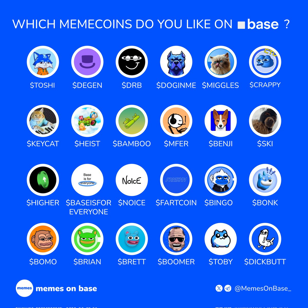 MemesOnBase_'s tweet image. WHICH MEMECOINS DO YOU LIKE ON @BASE? 🟦