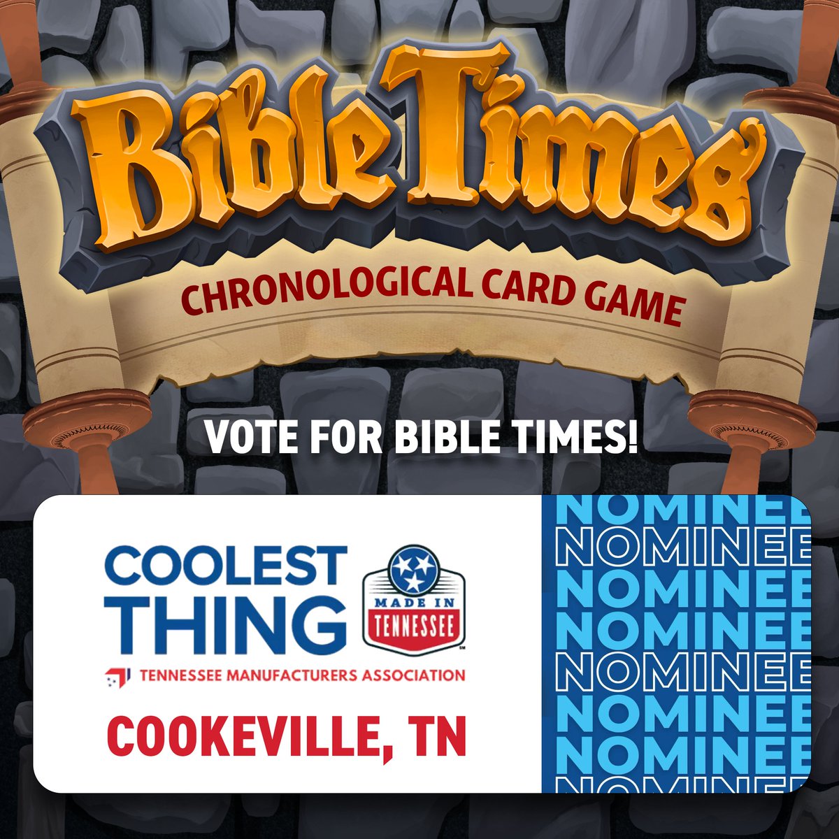 MightyGoodGames's tweet photo. Hey Friends! Don't forget to vote today for Bible Times! Voting ends on July 29th.

https://t.co/46m93woIuA

#CoolestThingMadeInTN #madeinTN #MadeinCookevilleTN #cookevilletn #smallbusiness #vote #free https://t.co/YQKcIPzAKM
