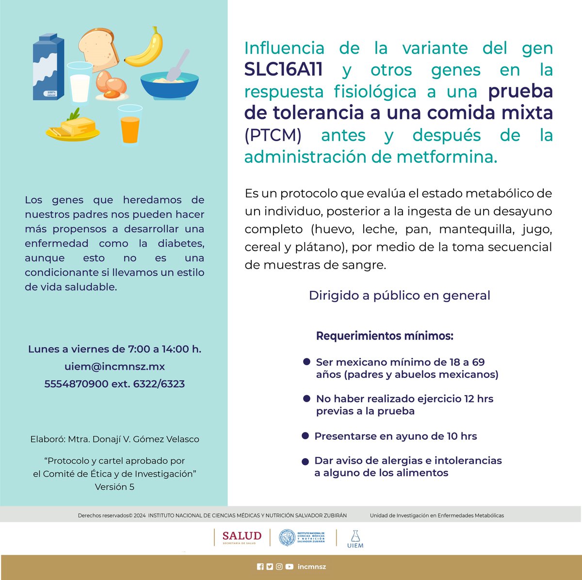 incmnszmx's tweet image. Participa en el Protocolo Influencia de la variante del gen SLC16A11 y otros genes en la respuesta fisiológica a una prueba de tolerancia a una comida mixta antes y después de la administración de metformina.
Protocolo y cartel aprobado por el Comité de Ética y de Investigación.