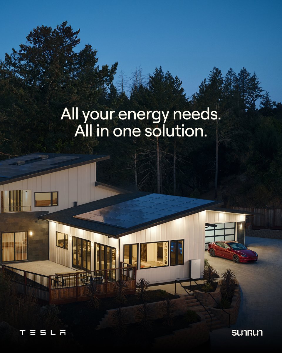 Sunrun's tweet image. We’ve partnered with Tesla to bring Texans a smarter way to power their homes—solar, battery storage, and an energy plan designed to work as one.
No more rate shopping. No more bill guessing. Just reliable backup, flexible solar use, and low, predictable rates—all from brands…