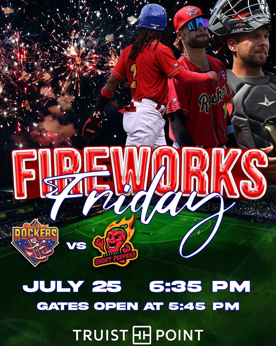 🔥 IT’S GAMEDAY &amp; FIREWORKS FRIDAY! 🔥
The Rockers battle the Gastonia Ghost Peppers TONIGHT at 6:35 PM! 💪⚾
Gates open at 5:45 PM — come for the game, stay for the sky-exploding fireworks show after! 🎆🎇
Let’s pack Truist Point and bring the energy! 💥 #RockersBaseball