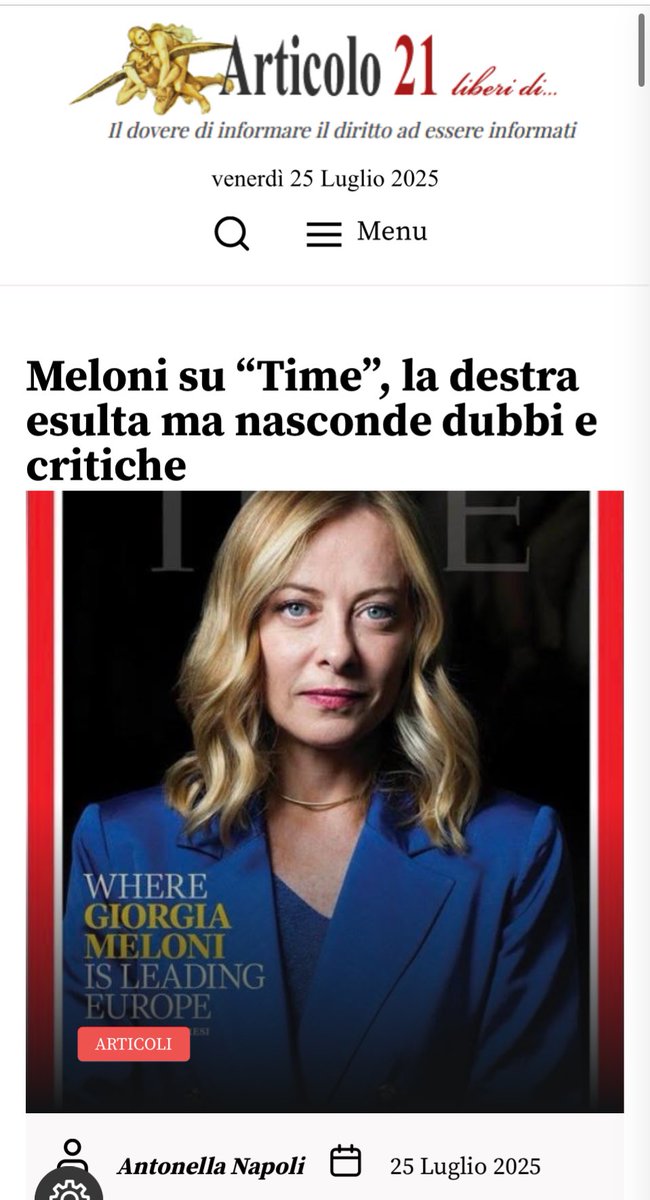 AntonellaNapoli's tweet image. Quello sul #Time è un profilo di #Meloni con più ombre che luci. A fronte delle critiche e dei dubbi espressi dalla rivista statunitense, quanto è opportuna la celebrazione di queste ore? The last but not the least, quanto peso ha la propaganda?
Editoriale per @Artventuno.…