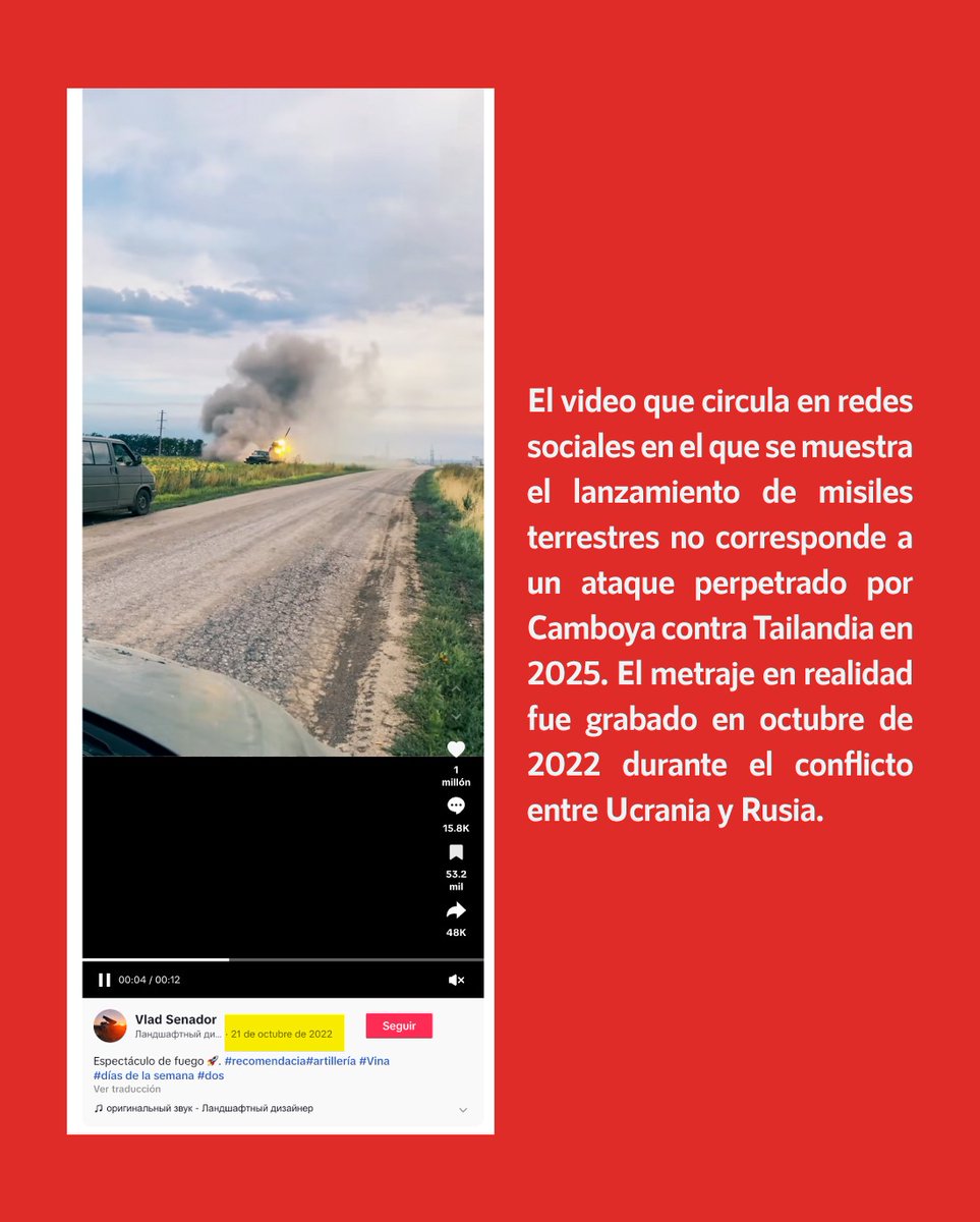 infodemiaMex's tweet image. ❌Falso video de misiles lanzados por Camboya contra Tailandia en 2025
✅El video que circula en redes sociales en el que se muestra el lanzamiento de misiles terrestres no corresponde a un ataque perpetrado por Camboya contra Tailandia en 2025. El metraje en realidad fue…