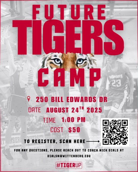 Our Future Tigers Camp Registration is open! Come join us for an incredible afternoon on Sunday August 24, 2025! Compete against high level players, skill development with the coaches and learn about the University and its historic basketball program! 
wittenberg.jotform.com/252026019438958