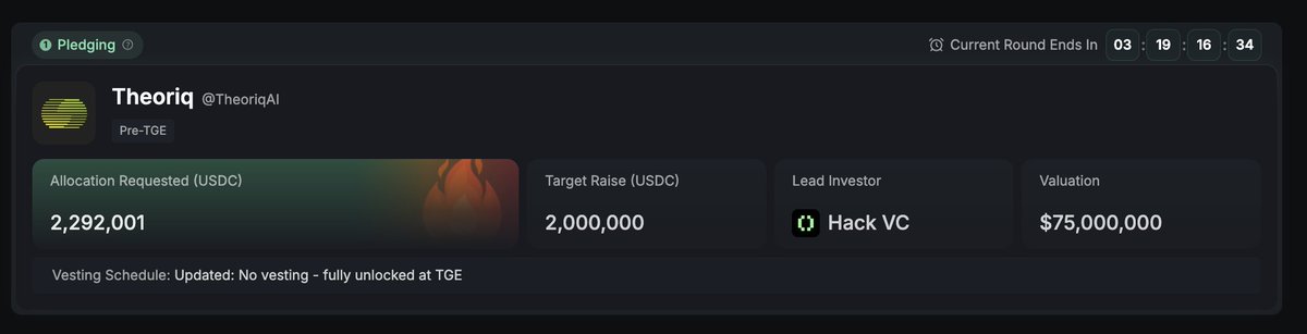langeriuseth's tweet image. Here’s the current status of the community sale on Kaito for @TheoriqAI:
Vesting Schedule: Updated — No vesting, fully unlocked at TGE
That “UPDATED” part is magic word. It means team actually listened to community, and community backed it even more
